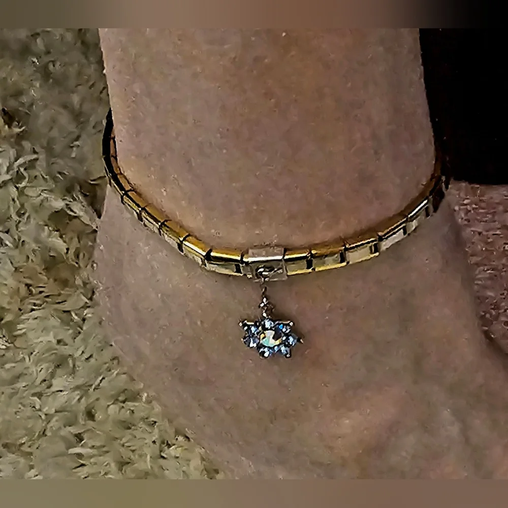 Mini-Link Anklet w/Rhinstone Flower Italian Charm - Picture 1 of 1